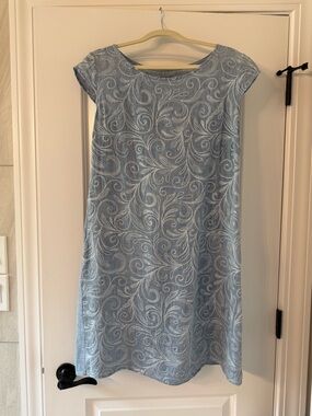 Light Blue Linen Swirl Print Cap-Sleeve Dress